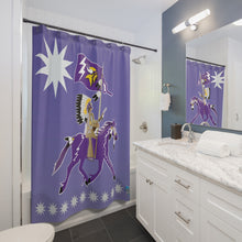 Load image into Gallery viewer, Vibrant Viking-Inspired Shower Curtain, Unique Bathroom Decor, Purple Viking Art, Tribal Design, Game Day Essentials