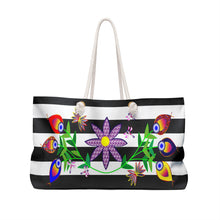 Load image into Gallery viewer, Weekender Bag - Black and White Stripe with Floral Design