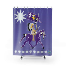 Load image into Gallery viewer, Vibrant Viking-Inspired Shower Curtain, Unique Bathroom Decor, Purple Viking Art, Tribal Design, Game Day Essentials