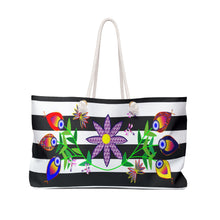 Load image into Gallery viewer, Weekender Bag - Black and White Stripe with Floral Design